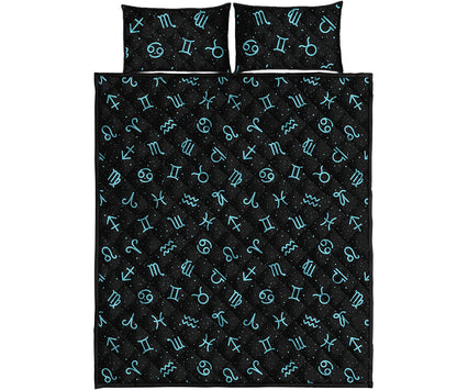 Blue Zodiac Symbols Pattern Print Quilt Bed Set