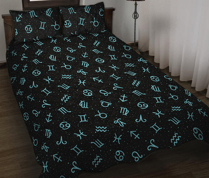 Blue Zodiac Symbols Pattern Print Quilt Bed Set