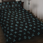 Blue Zodiac Symbols Pattern Print Quilt Bed Set