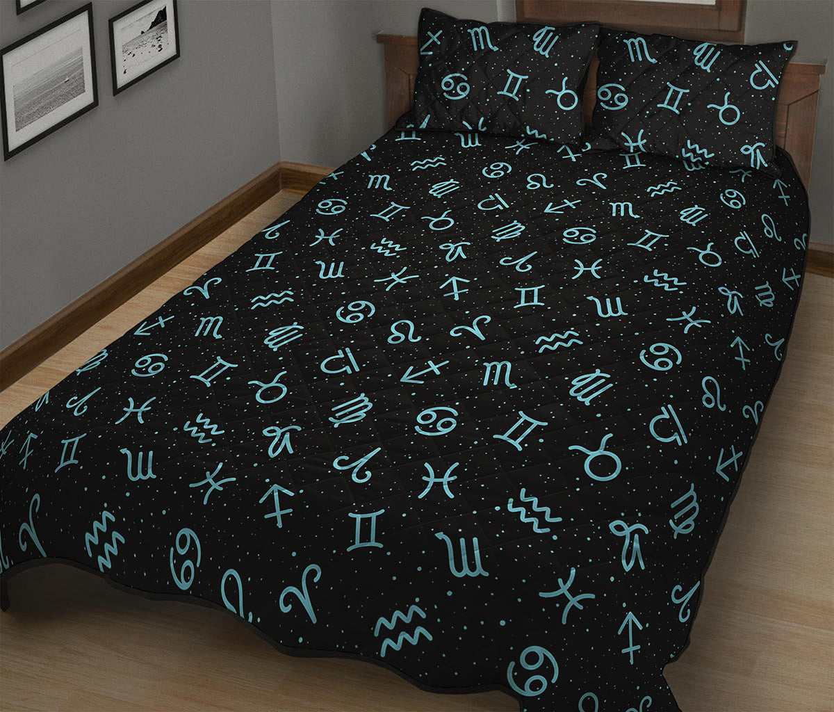 Blue Zodiac Symbols Pattern Print Quilt Bed Set