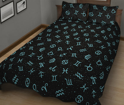 Blue Zodiac Symbols Pattern Print Quilt Bed Set