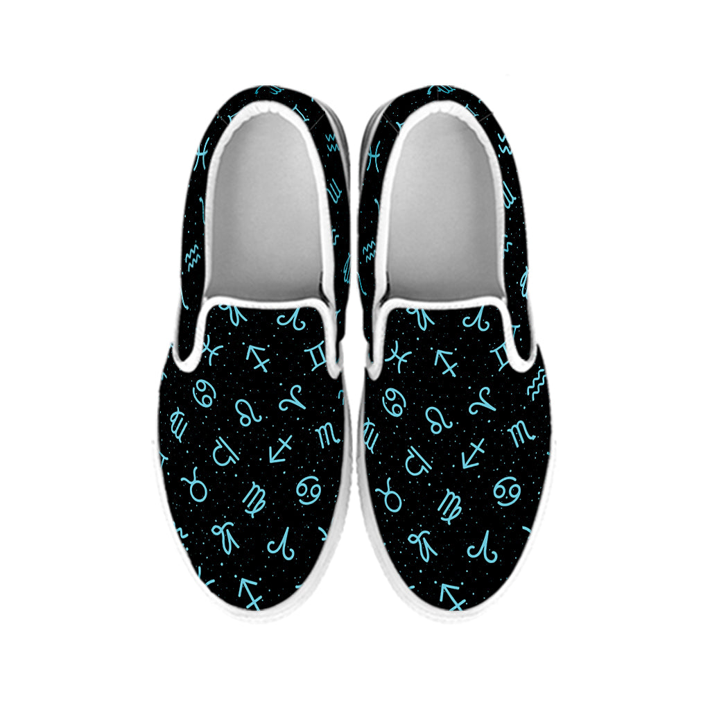 Blue Zodiac Symbols Pattern Print White Slip On Shoes