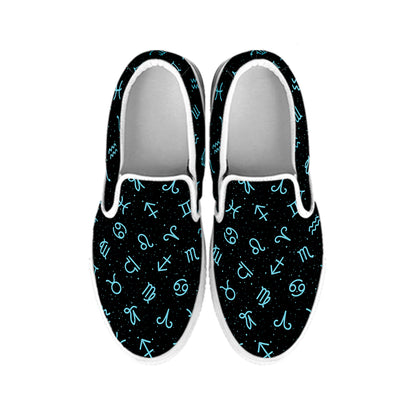 Blue Zodiac Symbols Pattern Print White Slip On Shoes
