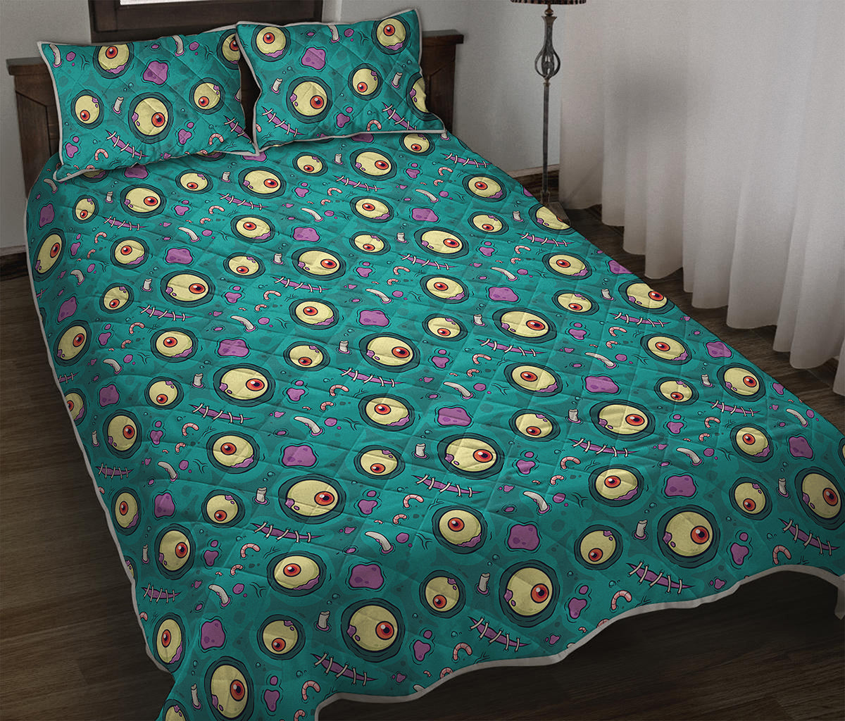 Blue Zombie Pattern Print Quilt Bed Set