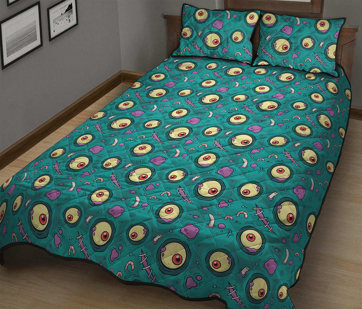 Blue Zombie Pattern Print Quilt Bed Set