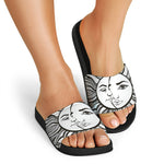 Bohemian Celestial Sun And Moon Print Black Slide Sandals