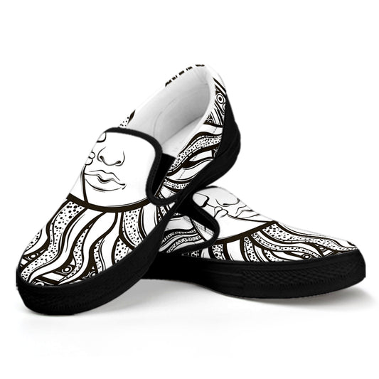 Bohemian Celestial Sun And Moon Print Black Slip On Shoes
