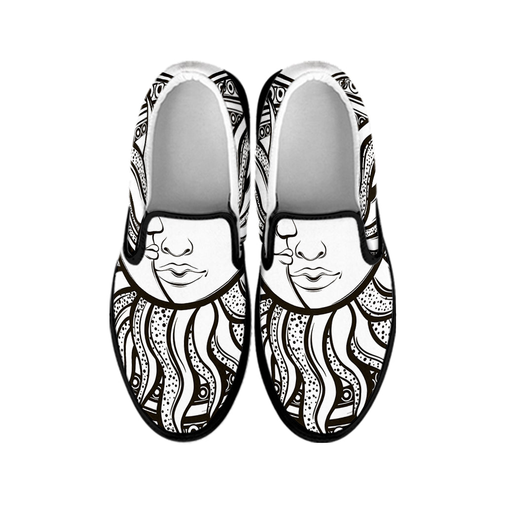 Bohemian Celestial Sun And Moon Print Black Slip On Shoes