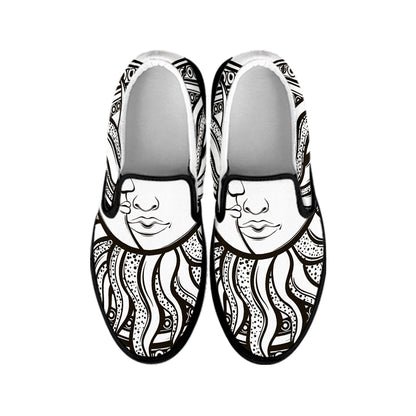 Bohemian Celestial Sun And Moon Print Black Slip On Shoes