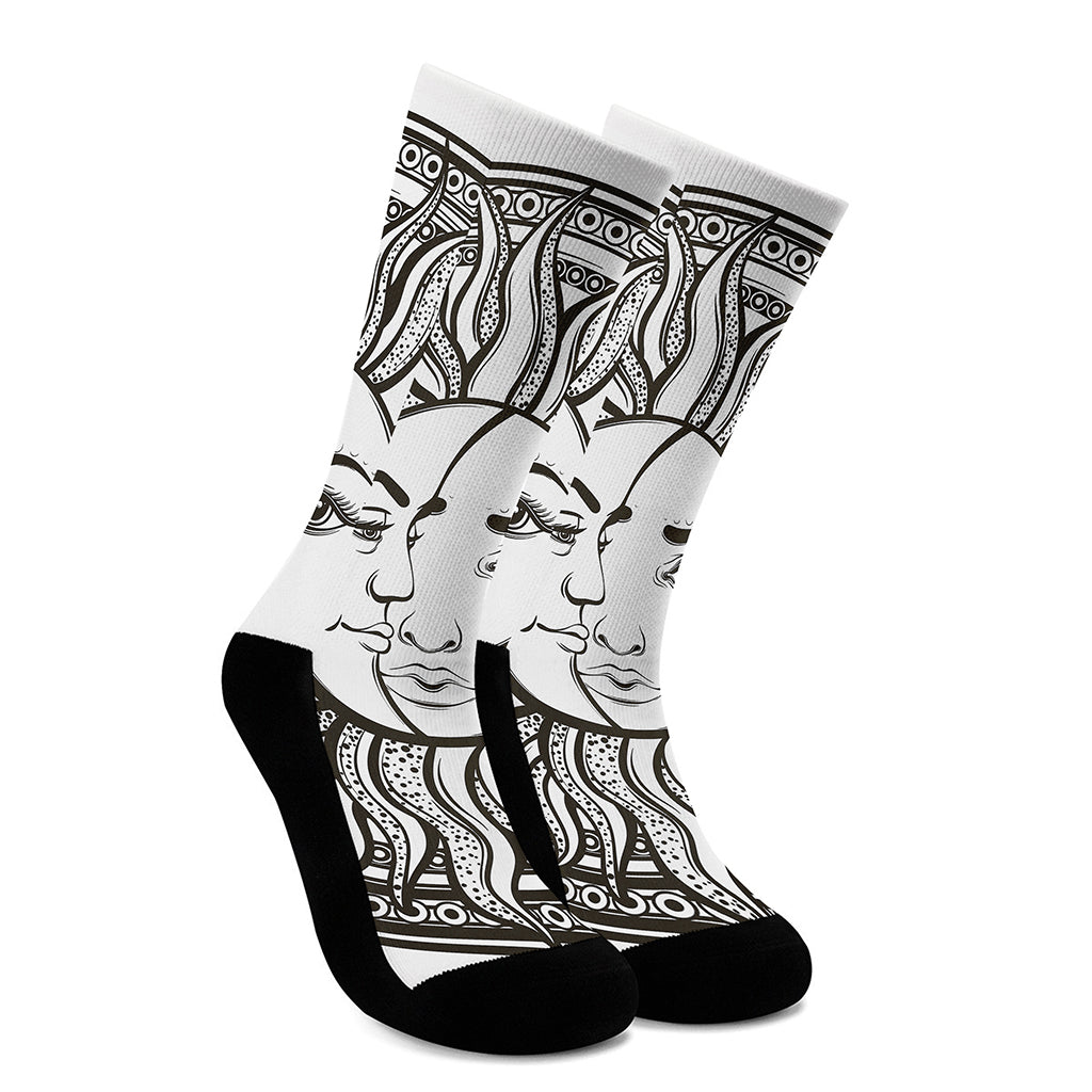 Bohemian Celestial Sun And Moon Print Crew Socks