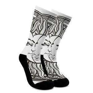 Bohemian Celestial Sun And Moon Print Crew Socks