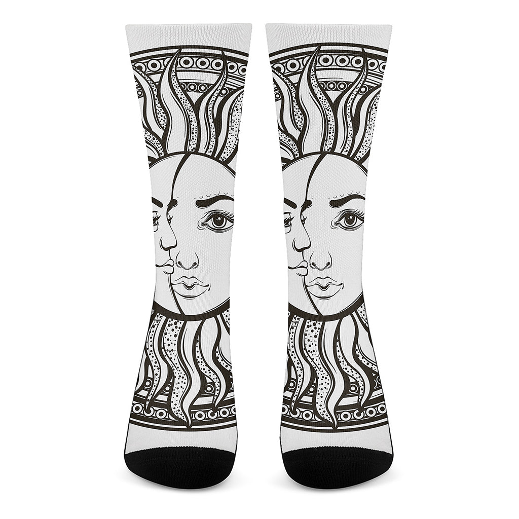 Bohemian Celestial Sun And Moon Print Crew Socks