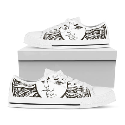 Bohemian Celestial Sun And Moon Print White Low Top Shoes