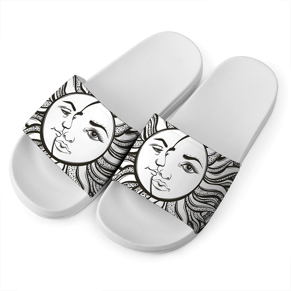 Bohemian Celestial Sun And Moon Print White Slide Sandals