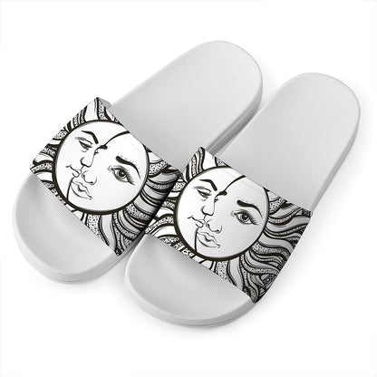 Bohemian Celestial Sun And Moon Print White Slide Sandals