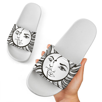 Bohemian Celestial Sun And Moon Print White Slide Sandals