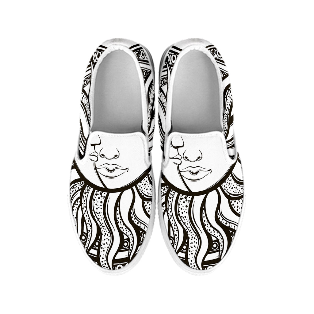 Bohemian Celestial Sun And Moon Print White Slip On Shoes