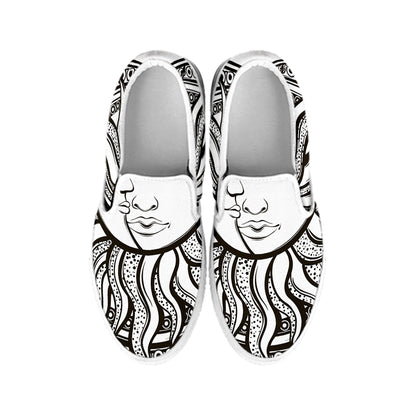 Bohemian Celestial Sun And Moon Print White Slip On Shoes