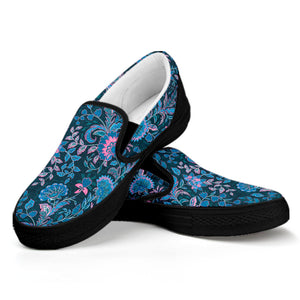 Bohemian Denim Jeans Pattern Print Black Slip On Shoes