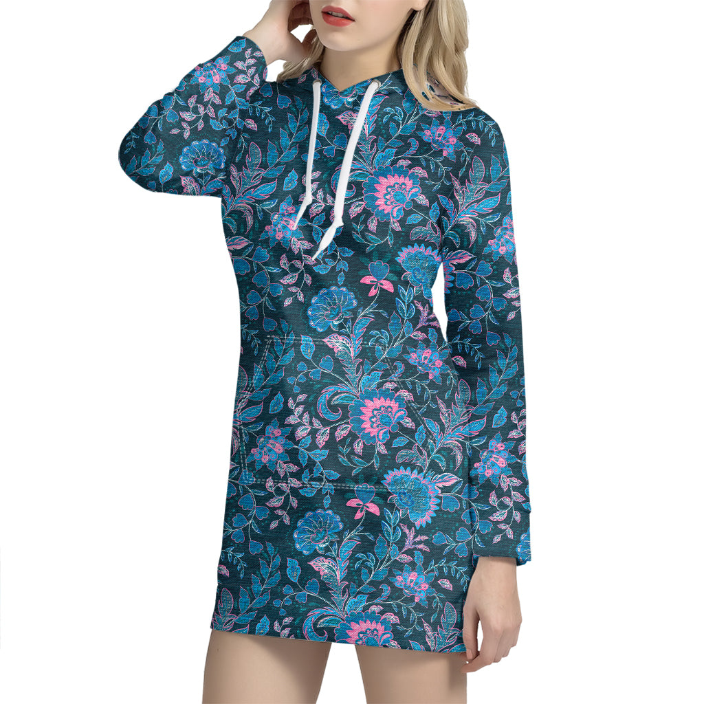 Bohemian Denim Jeans Pattern Print Hoodie Dress