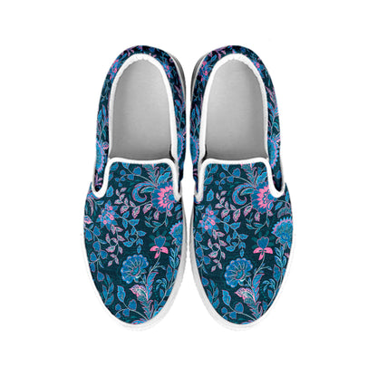 Bohemian Denim Jeans Pattern Print White Slip On Shoes