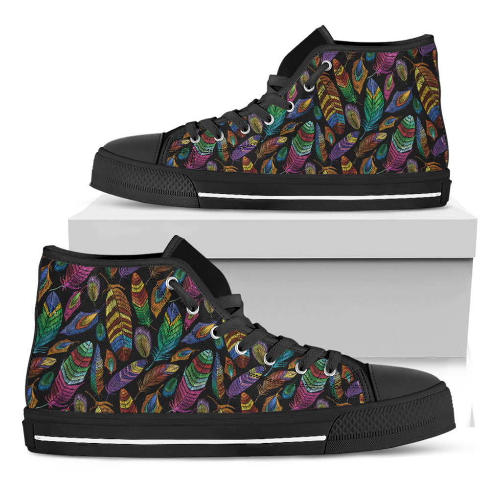 Bohemian Feather Pattern Print Black High Top Shoes