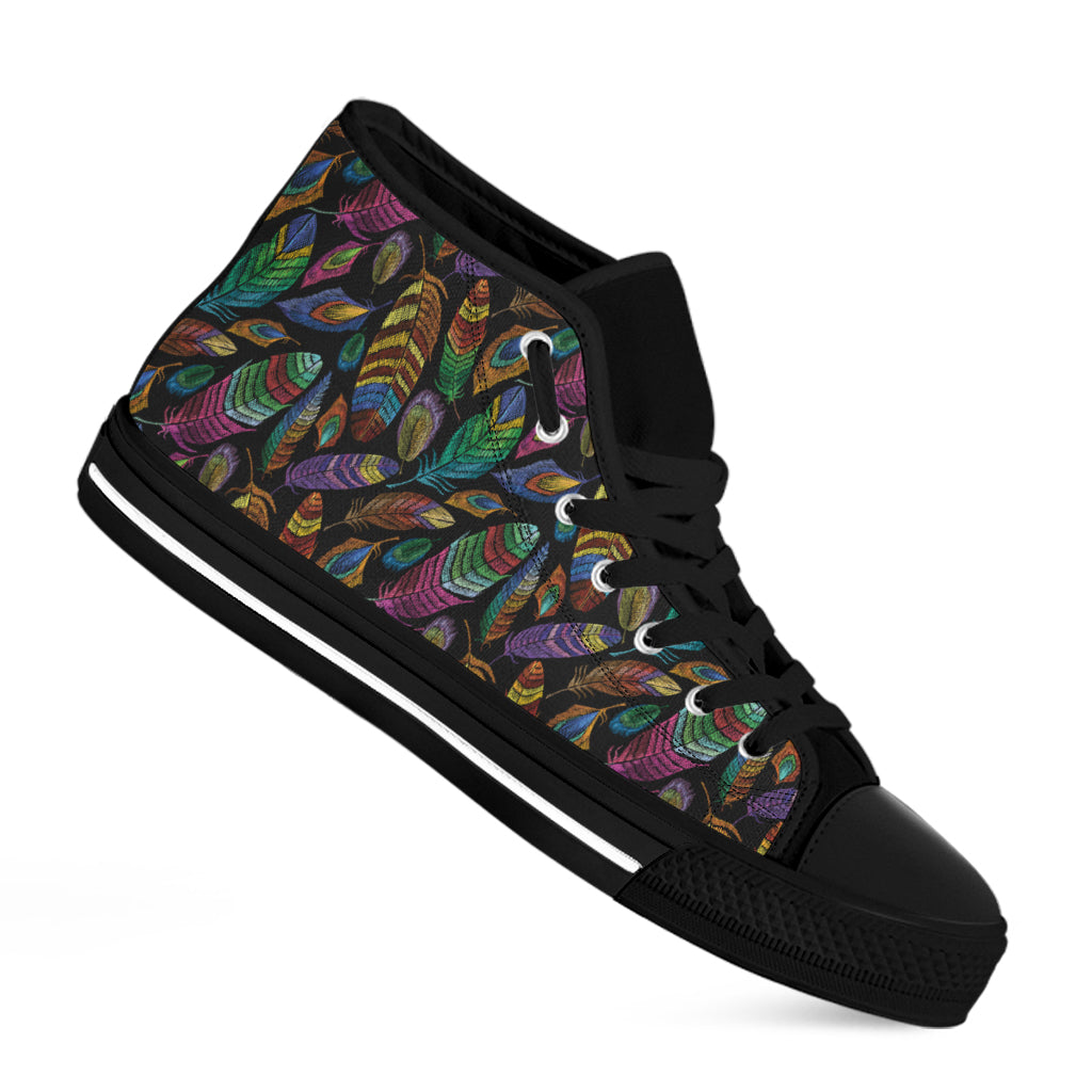 Bohemian Feather Pattern Print Black High Top Shoes