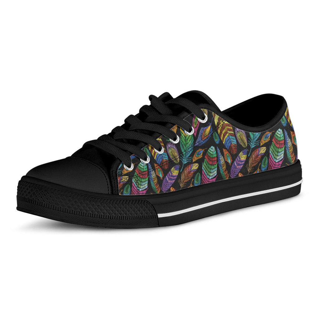 Bohemian Feather Pattern Print Black Low Top Shoes