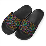 Bohemian Feather Pattern Print Black Slide Sandals