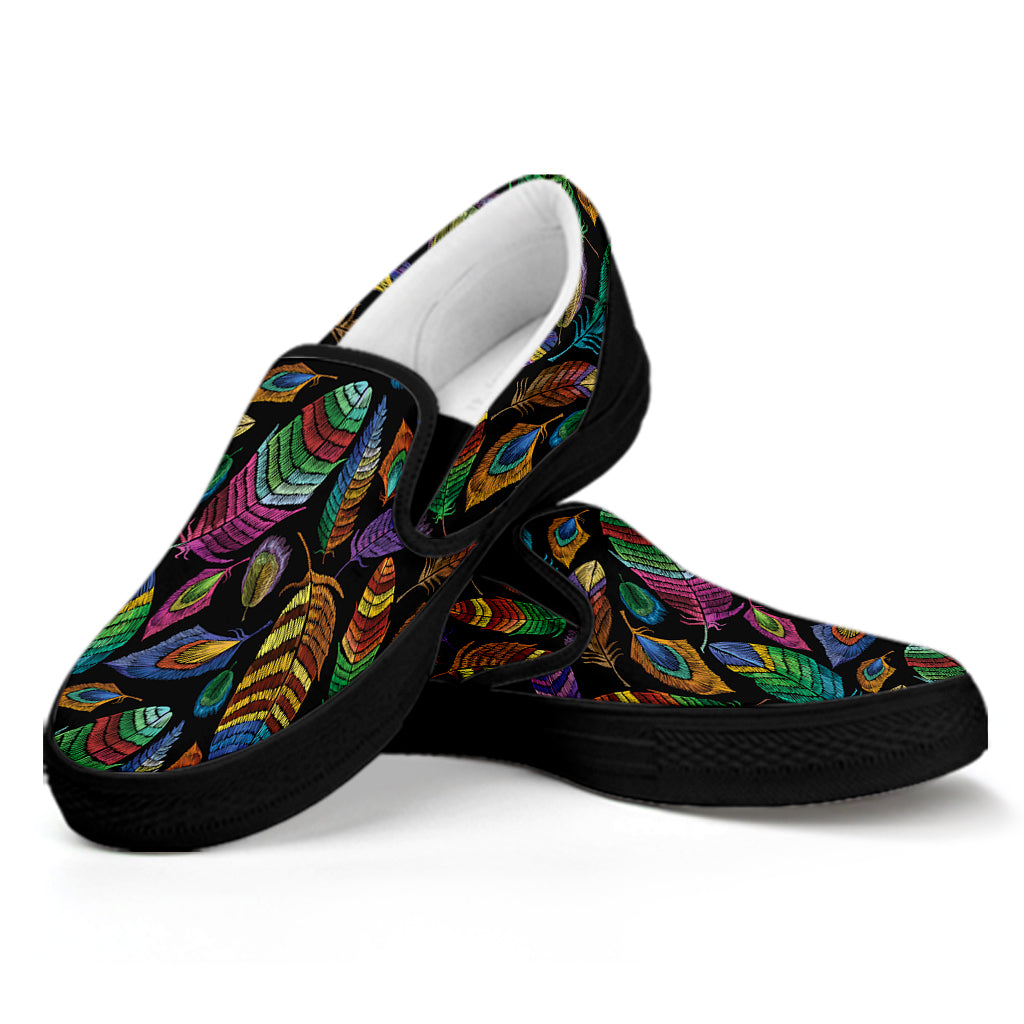 Bohemian Feather Pattern Print Black Slip On Shoes