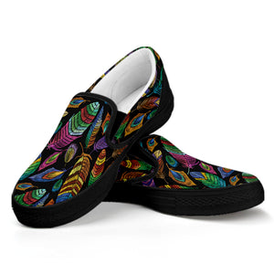 Bohemian Feather Pattern Print Black Slip On Shoes