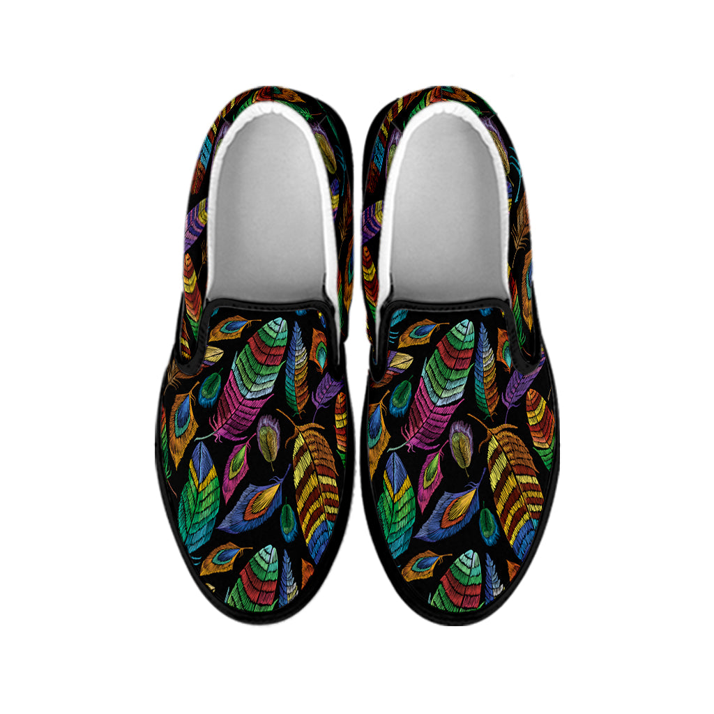 Bohemian Feather Pattern Print Black Slip On Shoes