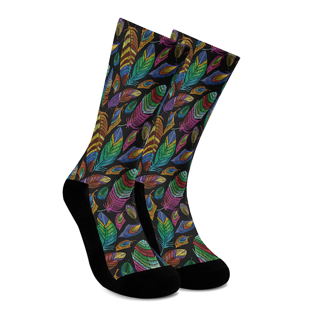 Bohemian Feather Pattern Print Crew Socks