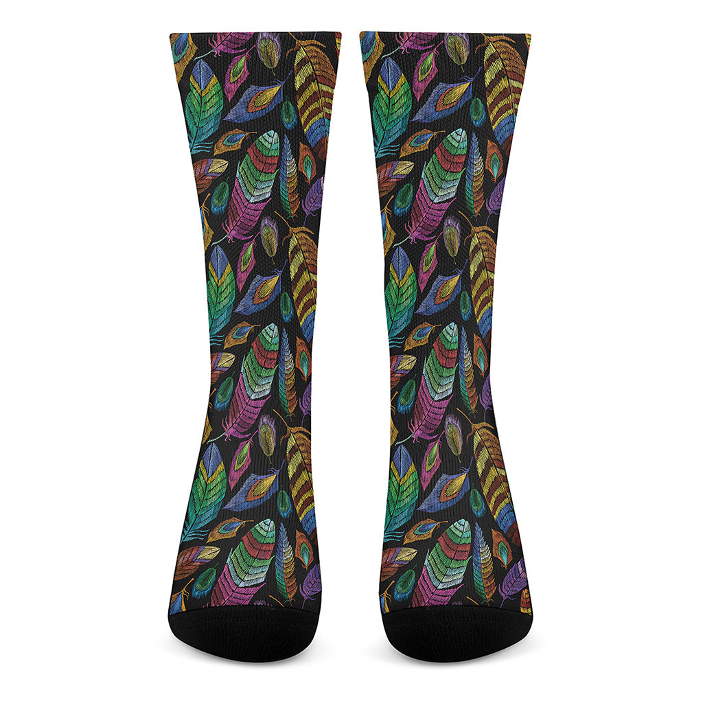 Bohemian Feather Pattern Print Crew Socks