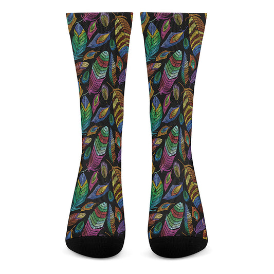 Bohemian Feather Pattern Print Crew Socks