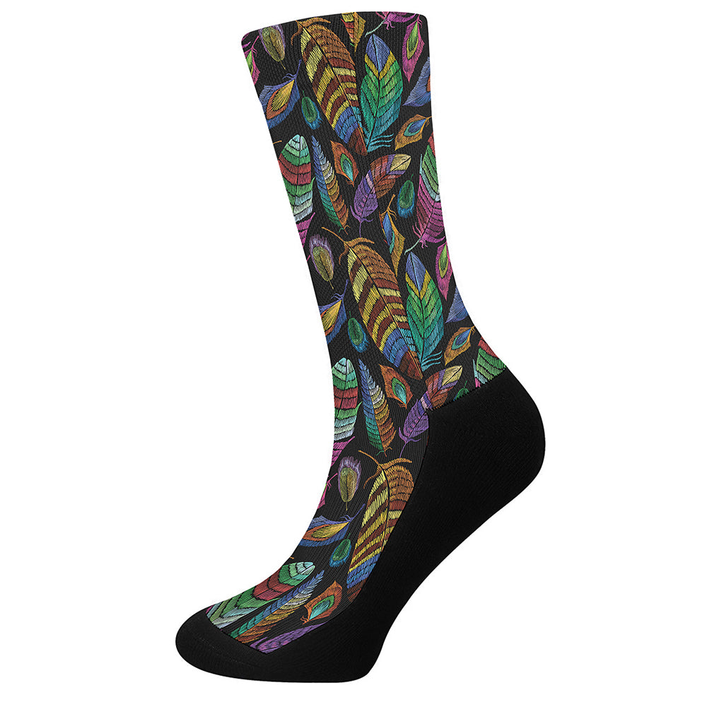 Bohemian Feather Pattern Print Crew Socks