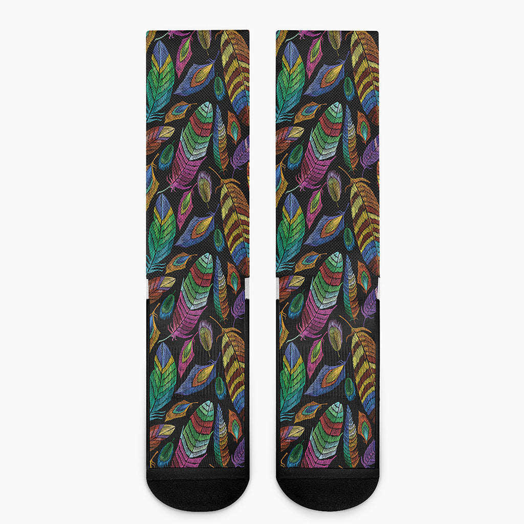 Bohemian Feather Pattern Print Crew Socks