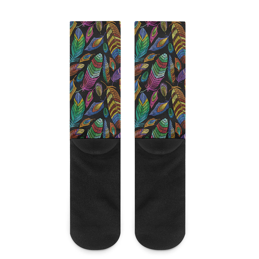 Bohemian Feather Pattern Print Crew Socks