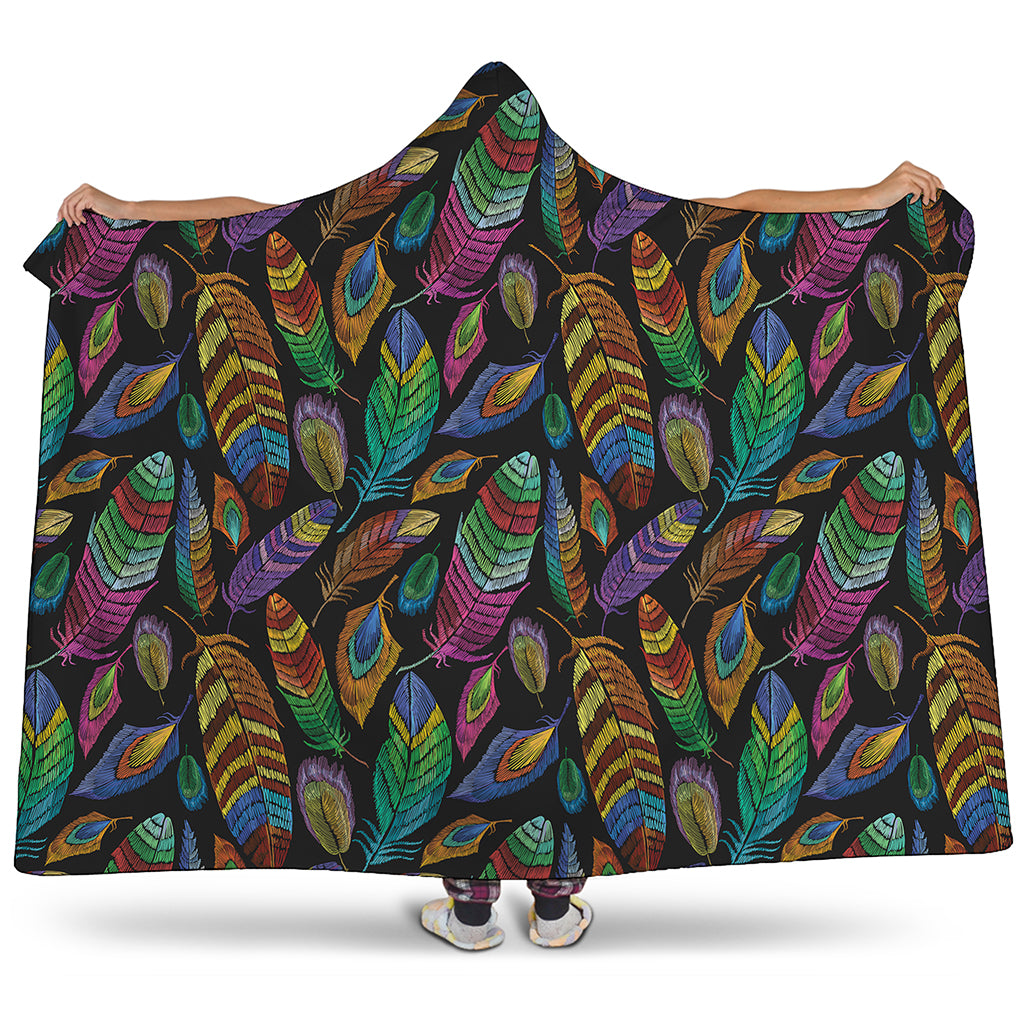 Bohemian Feather Pattern Print Hooded Blanket