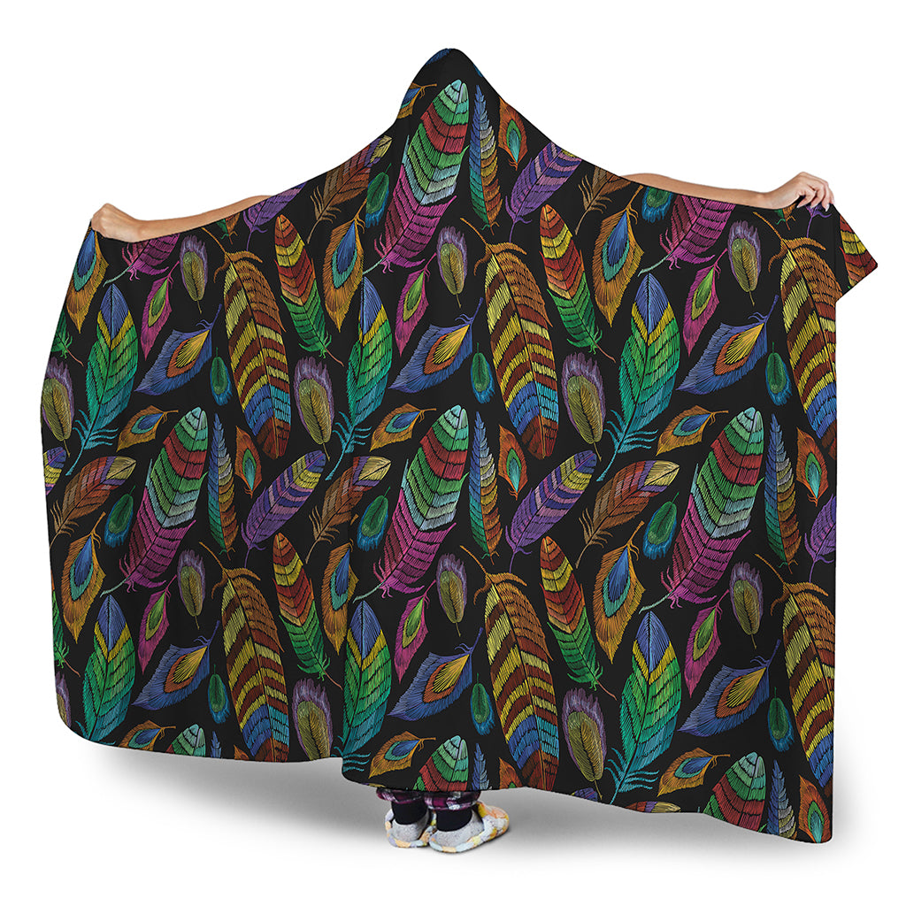 Bohemian Feather Pattern Print Hooded Blanket