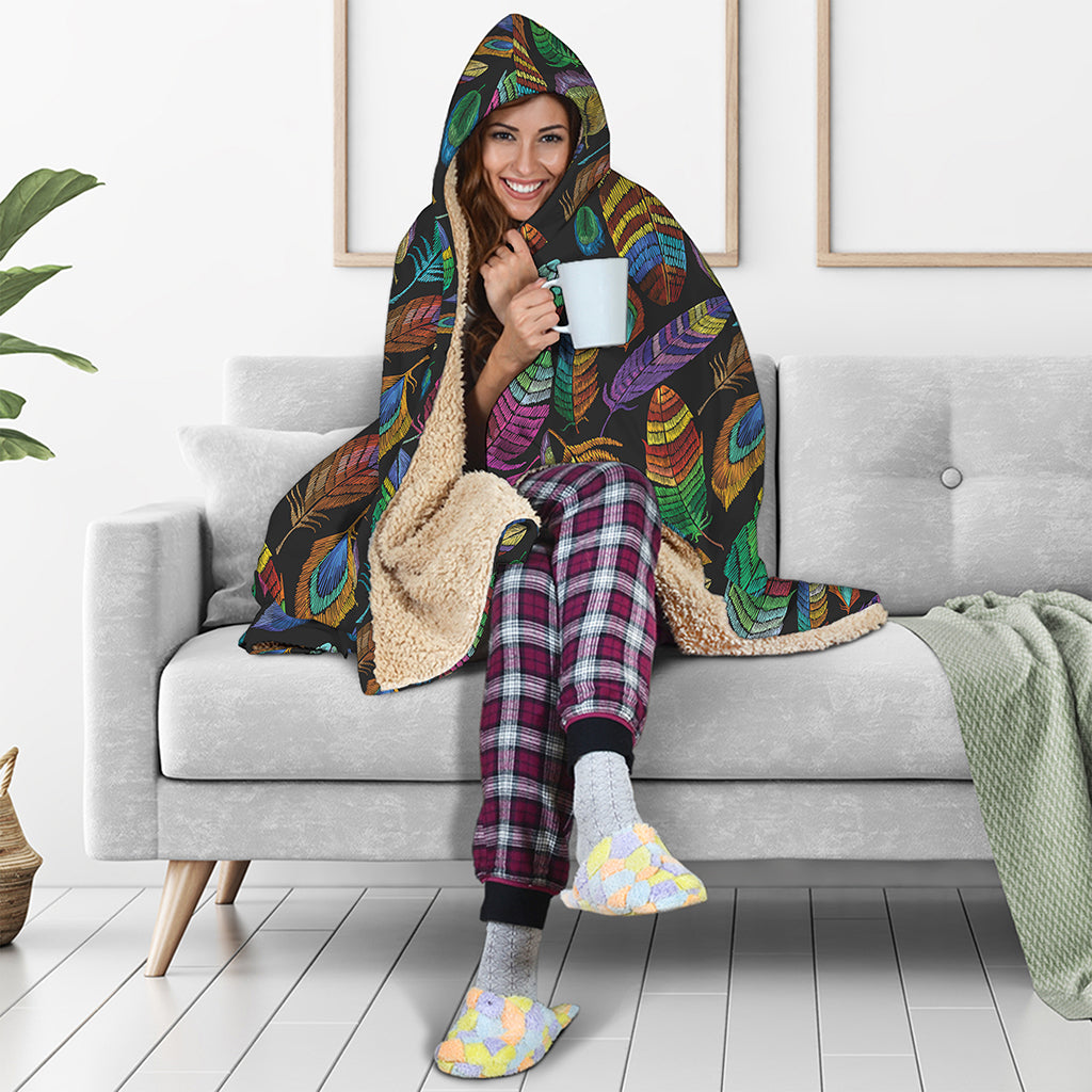 Bohemian Feather Pattern Print Hooded Blanket