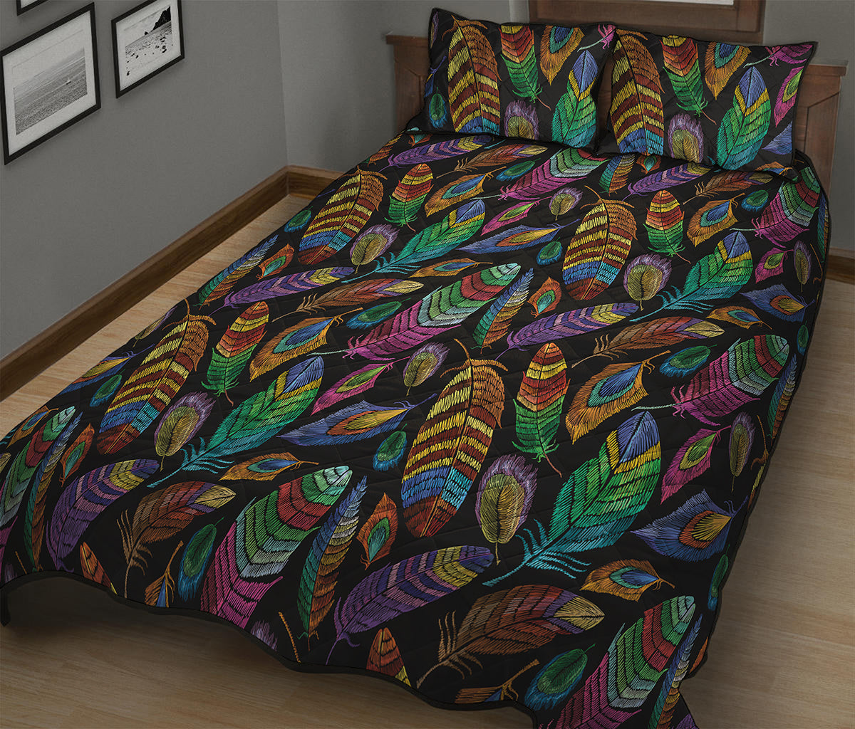 Bohemian Feather Pattern Print Quilt Bed Set
