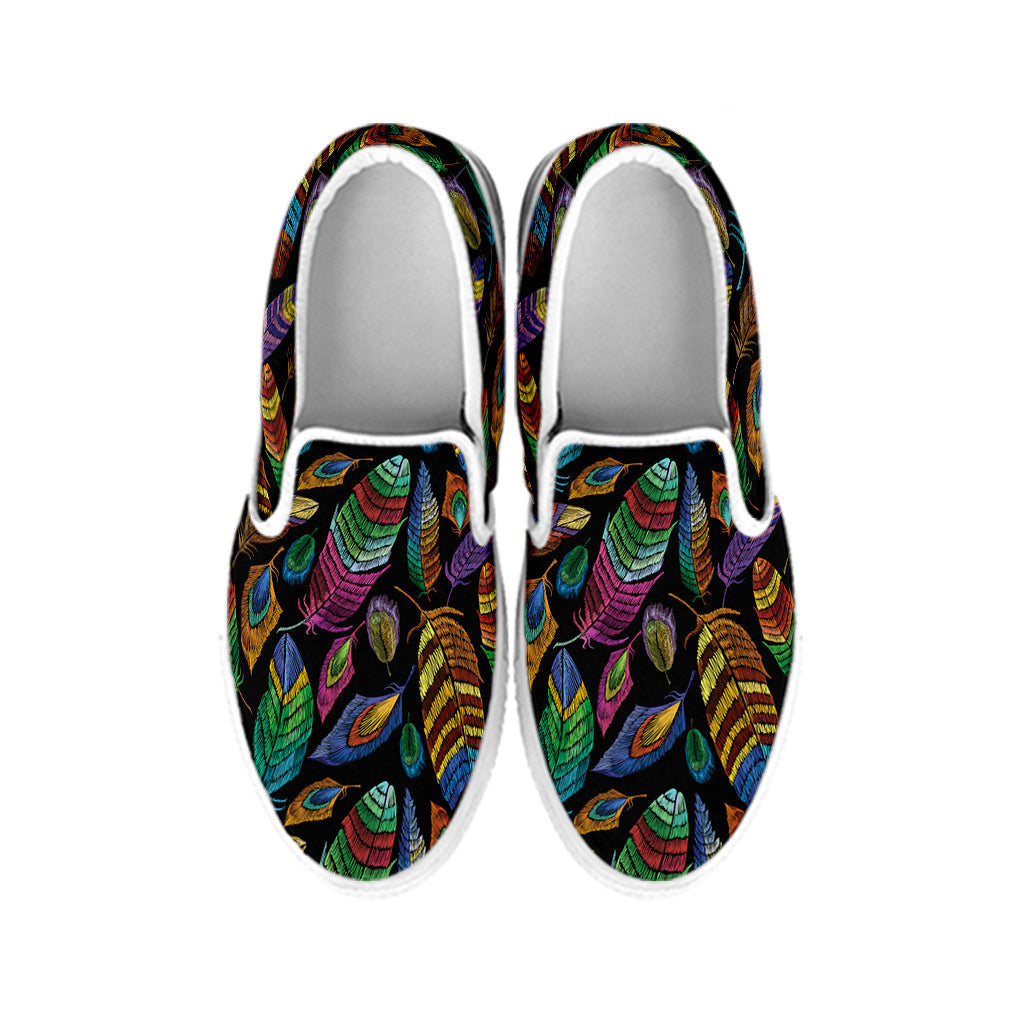 Bohemian Feather Pattern Print White Slip On Shoes