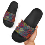 Bohemian Indian Box Pattern Print Black Slide Sandals