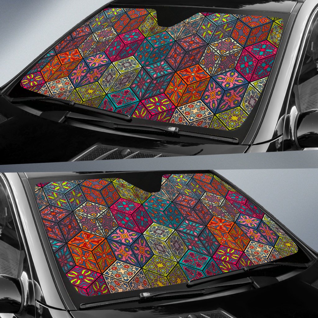 Bohemian Indian Box Pattern Print Car Sun Shade GearFrost