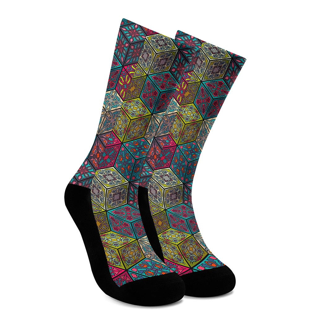 Bohemian Indian Box Pattern Print Crew Socks