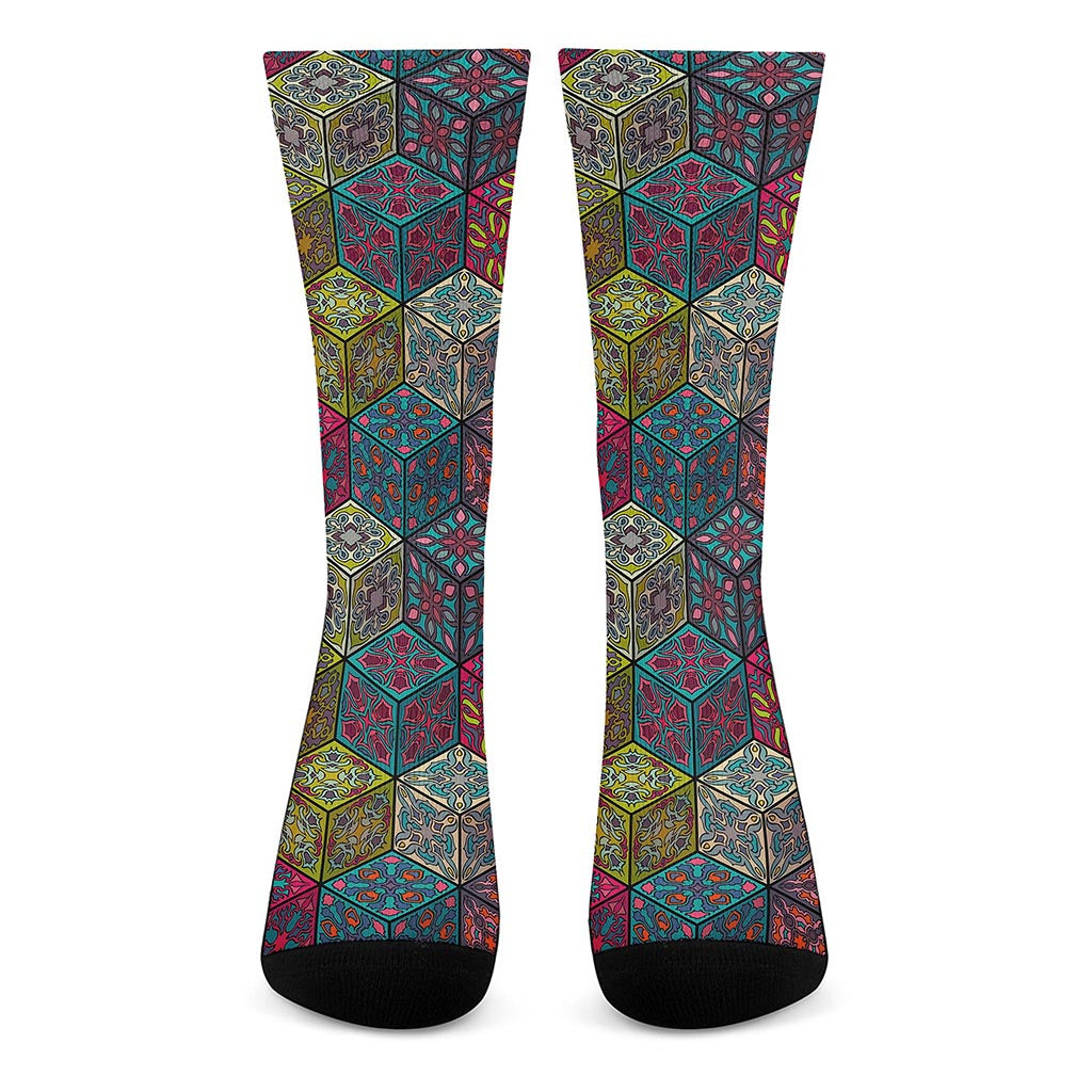 Bohemian Indian Box Pattern Print Crew Socks