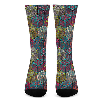 Bohemian Indian Box Pattern Print Crew Socks