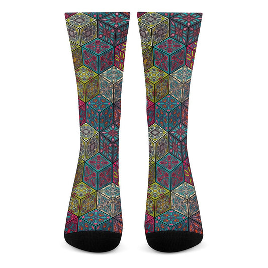 Bohemian Indian Box Pattern Print Crew Socks