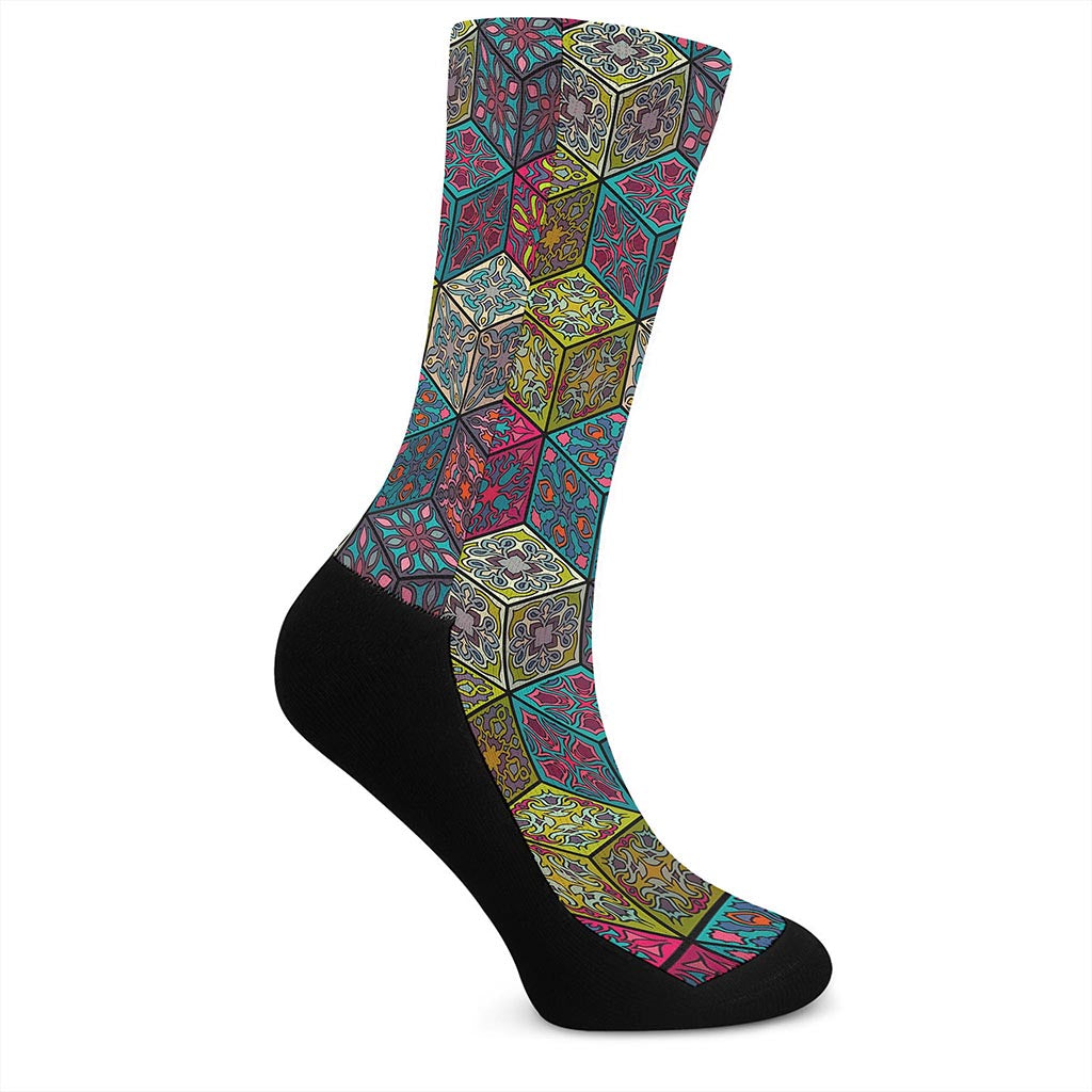 Bohemian Indian Box Pattern Print Crew Socks